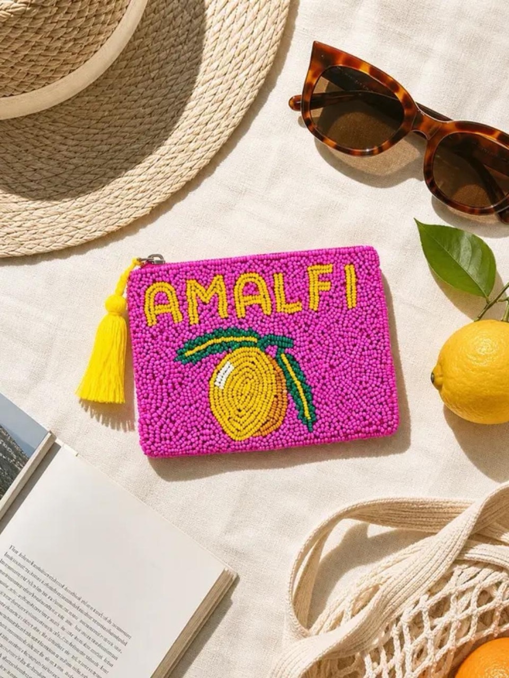 America & Beyond Beaded Pink Lemon Pouch with Yellow Tassel